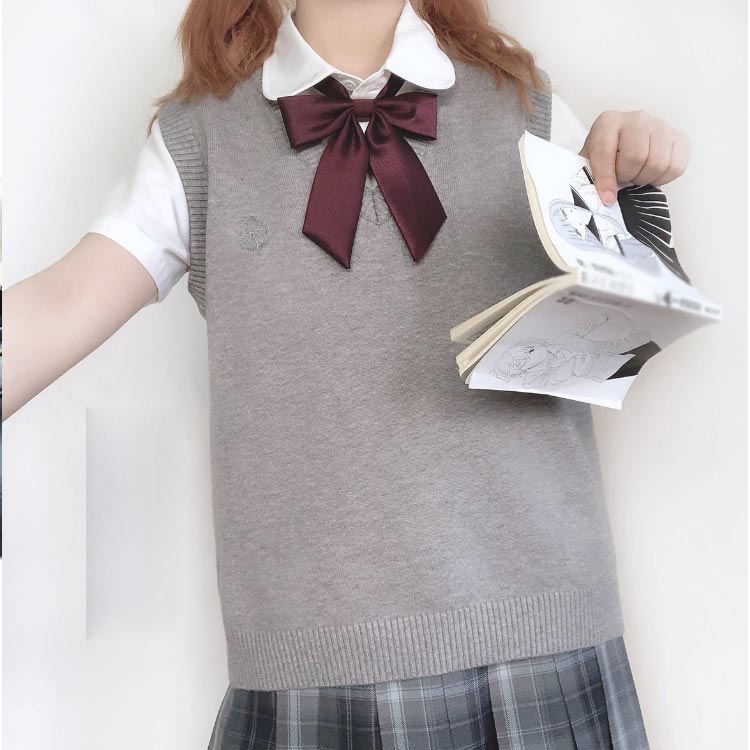 【送料無料】スクールベスト 刺繡 ニットベスト Vネック 春夏 薄手 学生服 女子 ゆったり 高校生 制服 学校 中学生 女の子 秋 無地 ししゅう ワンポイント 大きいサイズ ネイビー 紺 グレー 茶 ブラウン