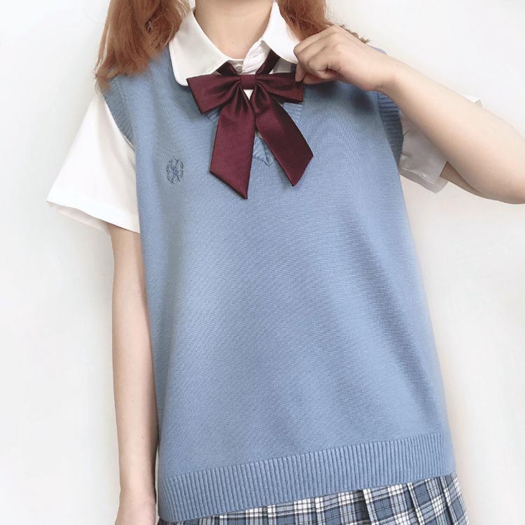 【送料無料】スクールベスト 刺繡 ニットベスト Vネック 春夏 薄手 学生服 女子 ゆったり 高校生 制服 学校 中学生 女の子 秋 無地 ししゅう ワンポイント 大きいサイズ ネイビー 紺 グレー 茶 ブラウン