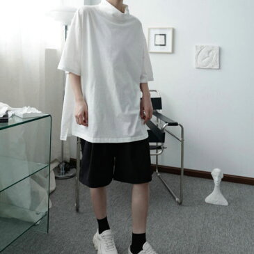 Tシャツ メンズ 五分袖 ハイネック tシャツ トップス モックネック タートルネック カットソー ビッグシルエット 半袖tシャツ 送料無料 ドロップショルダー ゆったり 体型カバー 大きいサイズ 薄手 サマー ビッグ tシャツ カジュアル 無地 シンプル おしゃれ 春 夏 夏服