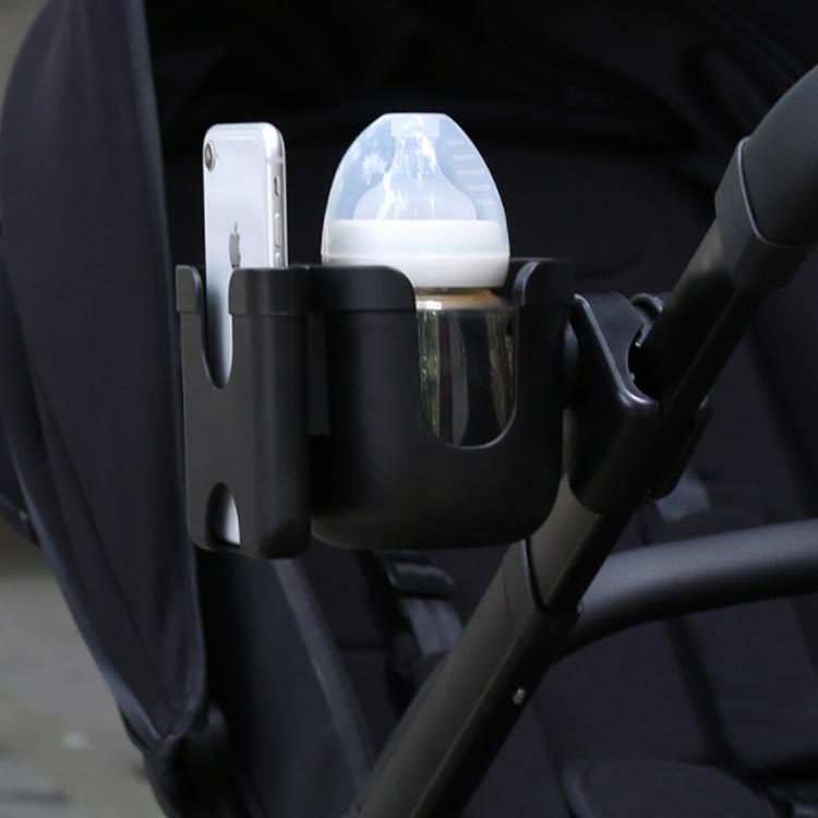 ベビーカー ドリンクホルダー スマホホルダー 2in1 ボトルホルダー 哺乳瓶ホルダー スマホ対応 ペットボトル 紙コップ 缶ジュース カップホルダー ベビーチェア 乳母車 ハンドル 取り付け 簡単 360度回転 角度調整 軽量 飲み物 カフェ 水筒 ボトルゲージ 収納 車椅子 自転車 2