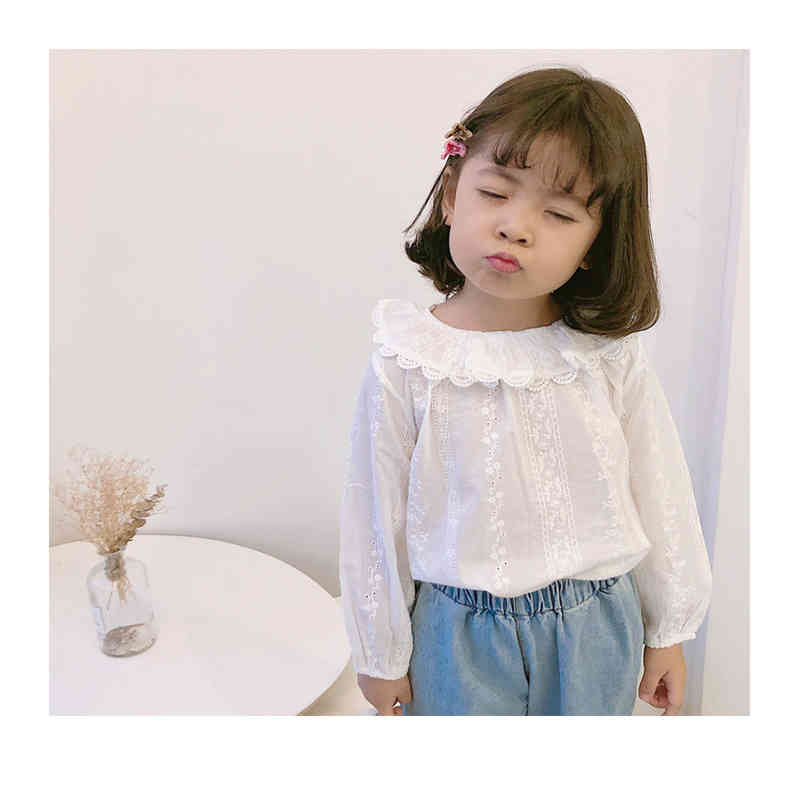 ブラウス 女の子 襟付き 長袖 綿 袖口ゴム プルオーバー 丸襟 子供服 可愛い カジュアル 通学 通園 春 夏 無地