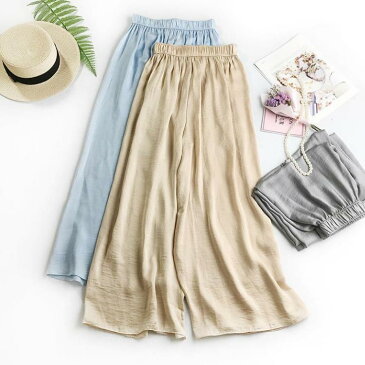 ワイドパンツ 夏 春 着痩せ ウールタッチ 無地 可愛い ガウチョパンツ 夏服 ウエストゴム ボトムズ 接触冷感 美脚 通勤 ロング丈 シンプル 可愛い ゆったり 20代 30代 レディース