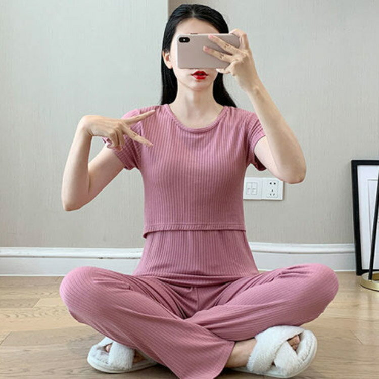 家着 セットアップ 寝巻 上下セット 綿100% 授乳期 授乳口付き 半袖 ルームウェア ...