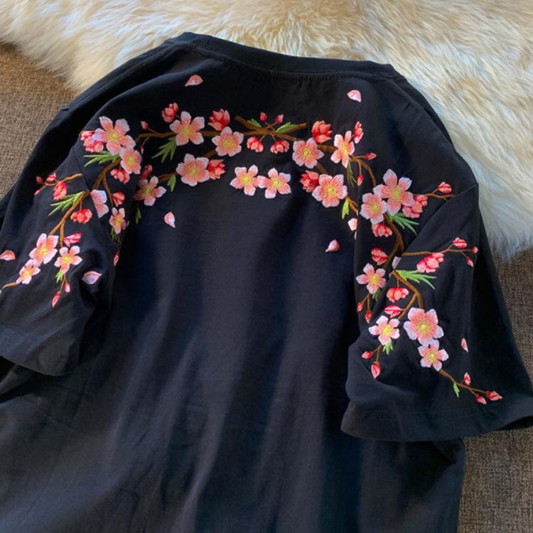 Tシャツ レディース 半袖 花柄 刺繍 tシャツ カットソー 春 夏 Uネック クルーネッ...