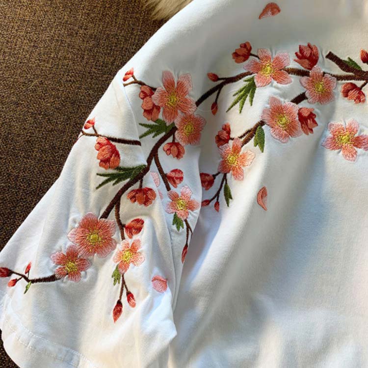 Tシャツ レディース 半袖 花柄 刺繍 tシャツ カットソー 春 夏 Uネック クルーネッ...