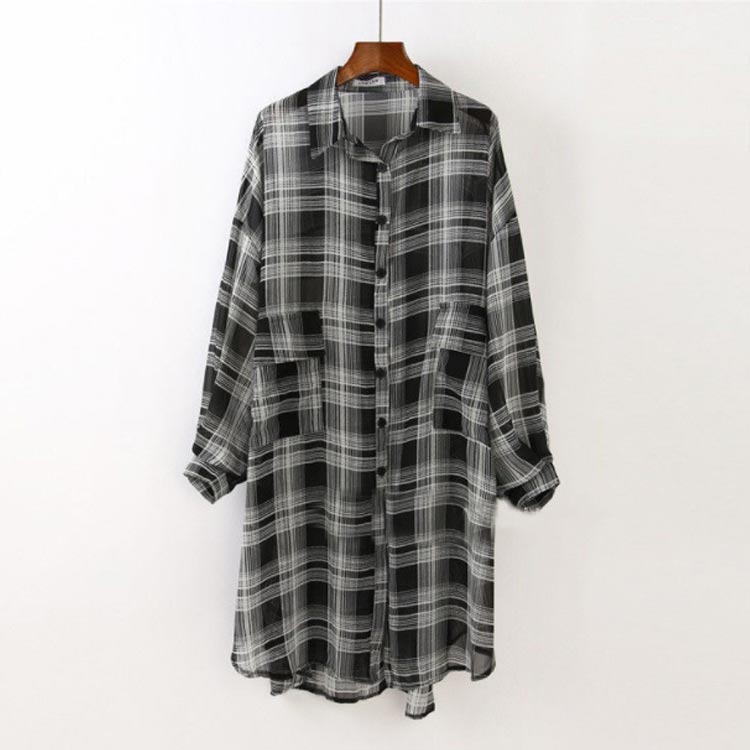 シアーシャツ ブラウス ロング ゆったり チェック柄 前後差 透け 落ち感 シースルー シアーブラウス 袖ボリューム 抜け感 韓国風 レディース UVカット 大人 きれいめ 体型カバー 春 夏 秋 おしゃれ 白 黒 【送料無料】