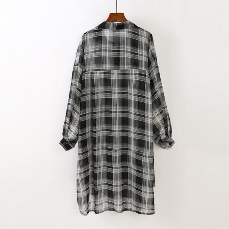 シアーシャツ ブラウス ロング ゆったり チェック柄 前後差 透け 落ち感 シースルー シアーブラウス 袖ボリューム 抜け感 韓国風 レディース UVカット 大人 きれいめ 体型カバー 春 夏 秋 おしゃれ 白 黒 【送料無料】