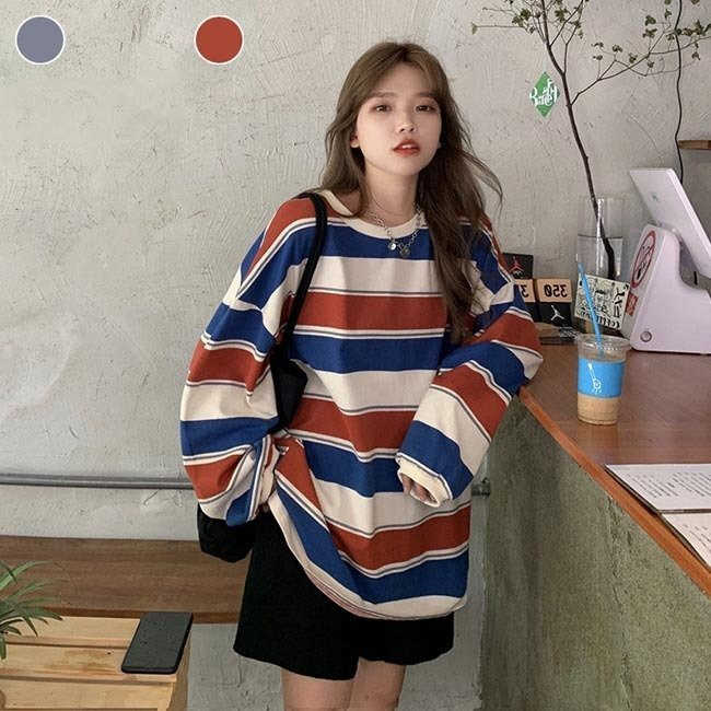 乐天商城 - 長袖Tシャツ ボーダー柄 ボーダー柄Tシャツ カットソー Tシャツ オーバーサイズ レディース ラウンドネック 長袖Tシャツ 長袖