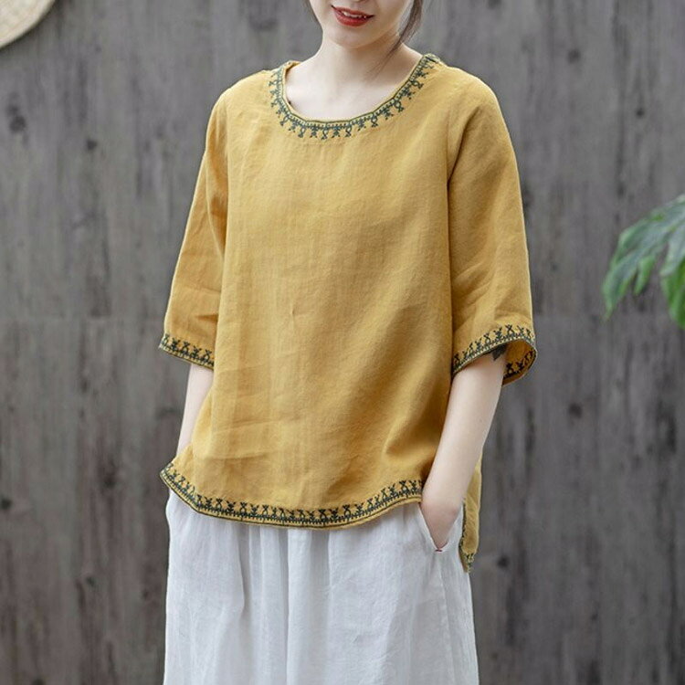 tシャツ 夏 綿麻 五分袖 リネンブラウス レディース 刺繍 綿麻 トップス カットソ...
