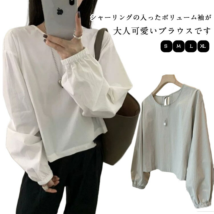 Rakuten - ロング 長袖 ブラウス クルーネック レイヤード トップス シャツ ボリュームスリーブ シャツ ドロップショルダー レディース オーバーサイズ シャーリング アウター 羽織 チュニック 重ね着 体型カバー 大きいサイズ ゆったり 春 秋