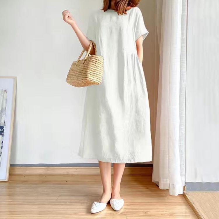 無地 半袖 体型カバー リネン ワンピース リネン混 夏 リネン混 ナチュラル ウエス...