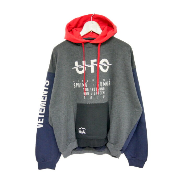 VETEMENTS ヴェトモン 18SS デムナ期 Ufo Hoodie 再構築デザイン パーカー 両面デザイン 袖ロゴ POUR HOMME MSS18TR77 Grey Navy グレー ネイビー S【中古】