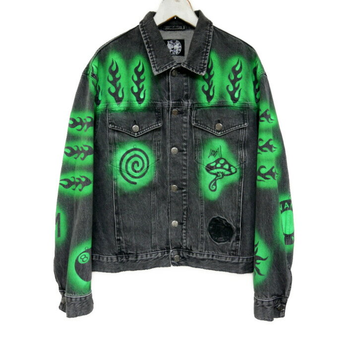 STUSSY×DRIES VAN NOTEN ステューシー ドリスヴァンノッテン 国内正規 22AW DVN STENCIL DENIM JACKET ステンシル デニムジャケット Gジャン トラッカー 315295 WASHED BLACK GREEN M【中古】