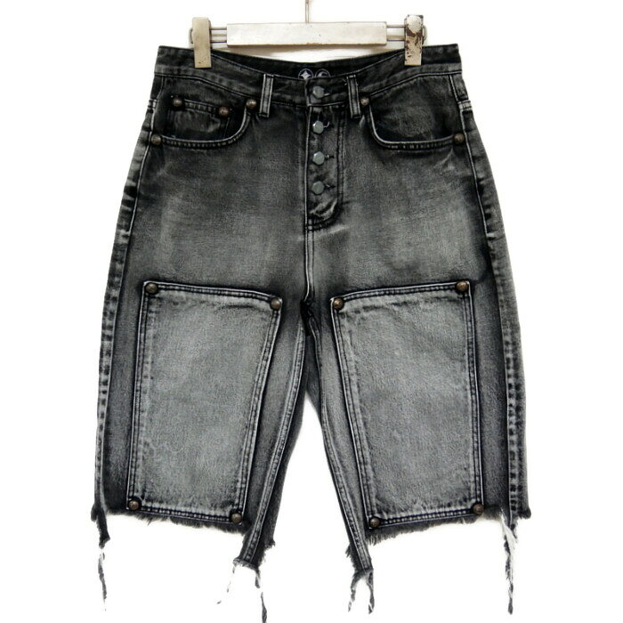 THUG CLUB サグクラブ カットオフダブルニーデニムパンツ デニムショーツ スタッズ装飾 TC23PT0501 BLACK ブラック 黒 1
