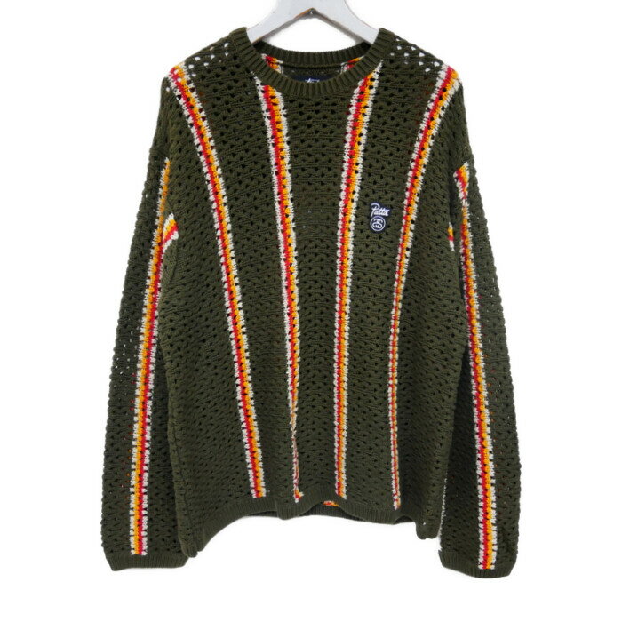 STUSSY×Patta ステューシー パタ 国内正規 23SS STRIPE LOOSE GAUGE CREWNECK SWEATER ストライプ ルーズゲージクルーネックセーター ニット 24M317012 OLIVE オリーブ L【中古】