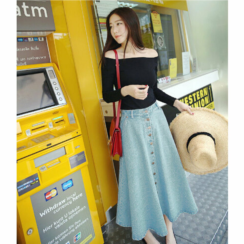 【ポイント5倍】 ミモレ丈 フレア マキシ丈 ロング デニムスカート アンクル 女の子 ハイウエスト オフ..