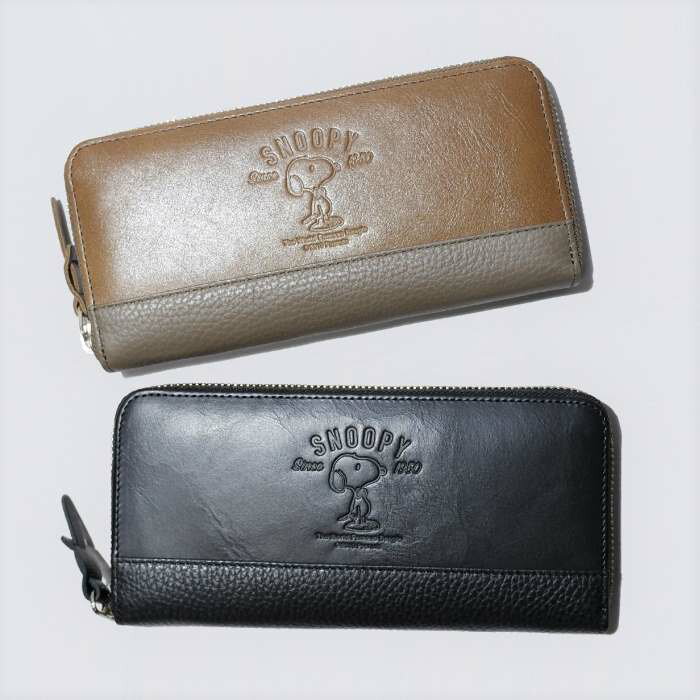 Snoopy Leather Collection/スヌーピー/PEANUTS/ピーナッツ/蝶ネクタイシリーズ/R束入れ/BLACK/黒/KHAKI/カーキ/本革/牛革/レザー/長財布