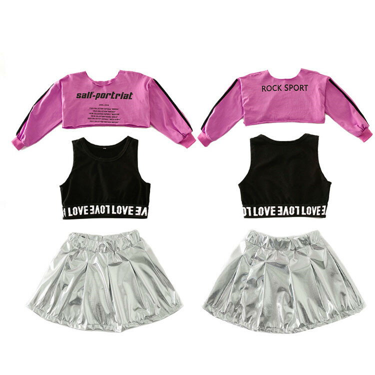 単品販売 キッズダンス衣装 セットアップ 子供 ダンス服装 ダンスパンツ ダンスシャツ ヒップホップ ダンスキッズ チアリーディング 衣装 韓国hiphop キッズダンス キッズダンス衣装 送料無料 tシャツ ガールズ トップス へそ出し 女の子 安い sale シルバー スカート ベスト