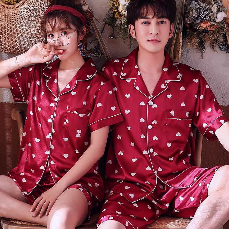 ペアパジャマ カップル ペア ルームウェア 上下 セット 結婚祝い ペア パジャマ 春 夏 レディース メンズ シルク サテン パジャマ ペア カップル パジャ...