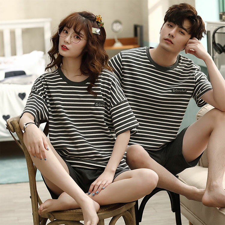 カップル ペア ルームウェア 春夏 ボーダー柄 コーヒー色 可愛い ペア パジャマ 春 ペア パジャマ ギフト レディース 綿100% 大きいサイズ メンズ 上...