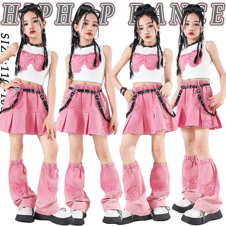 デニムスカート ピンク 白 ショートトップ 蝶結び 女の子 jazz チア チアガール チアリーダー 可愛い かっこいい ジーンズダンス 韓国 K-POP キッズ ダンス衣装 おしゃれ へそ出し プリーツスカート 脚カバー 応援団 演出服 発表会 団体服 セットアップ HIPHOP 子供 夏 人気