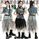 キッズ ダンス衣装 セットアップ デニム ベスト スカートセット おしゃれ ファッション チア 女の子 チアガール 韓国 k-pop グレー ブルー テイアードスカート ベルト ヒップホップ ジャズダンス 発表会 演出服 応援団 団体服 ストーリー系 上下セット