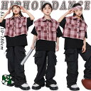 黒 カーゴパンツ チェック柄 キッズ ダンス衣装 セットアップ 女の子 男の子 子供 柄シャツ ロングtシャツ ベスト ロングパンツ カジュアル ヒップホップ ジャズダンス ポッピング 演出服 舞台服 練習着 団体服 応援団 発表会 個性派 かっこいい おしゃれ 韓国K-pop HIPHOP