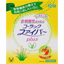 活用しよう「医療費控除制度」！ 一部の医薬品の場合、ご購入された金額がご自分と扶養家族の分も含めて年間で「合計10万円（税込）」を超えた場合、確定申告をすることにより、所得税が一部還付されたり、翌年の住民税が減額される制度があります。 対象品の情報など詳しくは厚生労働省か、最寄りの関係機関へお問い合わせください（※控除対象外の医薬品もございます）。 ◆特　長◆ 非刺激性成分をダブルで配合した便秘薬コーラックファイバーplusは、お腹が痛くなりにくく、クセになりにくい有効成分として、非刺激性成分の食物繊維（プランタゴ・オバタ種皮末）と水酸化マグネシウムを配合した便秘薬です。ダイエット等による食事量・食物繊維不足による便秘の方、自然に近いふっくらスムーズなお通じをお求めの方におすすめです。水やお湯に混ぜて飲むと、水分を取り込んで柔らかく膨らむことで、腸のぜん動運動を促します。 ◆メーカー（※製造国または原産国）◆ 大正製薬株式会社東京都豊島区高田3丁目24番1号お客様119番室　03-3985-1800受付時間 8：30〜21：00(土、日、祝日を除く) ※製造国または原産国：日本 ◆効能・効果◆ 便秘便秘に伴う次の症状の緩和：頭重、のぼせ、肌あれ、吹出物、食欲不振（食欲減退）、腹部膨満、腸内異常発酵、痔 ◆用法・用量◆ 次の量をコップ1杯の水又はお湯に加え、よくかきまぜ直ちに服用してください。15才以上(大人)　1回1〜2包、1日3回11才〜14才　1回2／3〜4／3包、1日3回7才〜10才　1回1／2〜1包、1日3回3才〜6才：1／3〜2／3包、1日3回3才未満は服用しないこと・ご注意(1)定められた用法・用量を厳守してください。(2)そのまま直接飲まないでください。必ず水又はお湯に加え、よくかきまぜて服用してください。(3)小児に服用させる場合には、保護者の指導監督のもとに服用させてください。 ◆成　分◆ 1包(1.75g)中プランタゴ・オバタ種皮末　700mg　便のカサを増して自然に近い便意を呼び起こす。水酸化マグネシウム　210mg　腸に水を集めて、便を柔らかくする。添加物として、ヒドロキシプロピルセルロース、クエン酸、ビタミンC、アスパルテーム、(L-フェニルアラニン化合物)、アセスルファムK、無水ケイ酸、香料を含有する。・ご注意本剤は植物由来の成分を配合しておりますので、製品により若干色調が異なることがありますが、効果には変わりありません。 ◆使用上の注意◆ ・してはいけないこと(守らないと現在の症状が悪化したり、副作用が起こりやすくなります)(1)本剤を使用している間は、次の医薬品を服用しないでください　他の瀉下薬(下剤)・相談すること1.次の人は服用前に医師、薬剤師又は登録販売者に相談してください(1)医師の治療を受けている人。(2)妊婦又は妊娠していると思われる人。(3)次の症状のある人。　はげしい腹痛、吐き気・嘔吐(4)次の診断を受けた人。　腎臓病2.服用後、次の症状があらわれた場合は副作用の可能性があるので、直ちに服用を中止し、この説明書を持って医師、薬剤師又は登録販売者に相談してください　消化器：はげしい腹痛、吐き気・嘔吐3.服用後、次の症状があらわれることがあるので、このような症状の持続又は増強がみられた場合には、服用を中止し、この説明書を持って医師、薬剤師、登録販売者に相談してください　下痢4.1週間位服用しても症状がよくならない場合は服用を中止し、この説明書を持って医師、薬剤師又は登録販売者に相談してください ◆保管及び取扱い上の注意◆ (1)直射日光の当たらない湿気の少ない涼しい所に保管してください。(2)小児の手の届かない所に保管してください。(3)他の容器に入れ替えないでください。(誤用の原因になったり品質が変わることがあります)(4)1包を分割したり残りを服用する場合は、袋の口を折り返して保管し、なるべくはやく服用してください。(5)使用期限を過ぎた製品は服用しないでください。 ※その他、医薬品は使用上の注意をよく読んだ上で、それに従い適切に使用して下さい。 【お客様へ】 お薬に関するご相談がございましたら、こちらへお問い合わせください。 【ご注意1】この商品はお取り寄せ商品です。ご注文されてから発送されるまで約10営業日(土日・祝を除く)いただきます。なお、商品によりましては、予定が大幅に遅れることもございますので、何卒あらかじめご了承お願いいたします。 【ご注意2】お取り寄せ商品以外の商品と一緒にお買い上げの場合は、全ての商品が揃い次第の発送となりますので、ご了承下さい。 ※パッケージデザイン等が予告なく変更される場合もあります。 ※商品廃番・メーカー欠品など諸事情によりお届けできない場合がございます。 ※ご使用期限またはご賞味期限は、商品情報内に特に記載が無い場合、1年以上の商品をお届けしております。 商品区分：【第3類医薬品】【広告文責】株式会社メディスンプラス：0120-205-904 ※休業日 土日・祝祭日文責者名：稗圃 賢輔（管理薬剤師）【お客様へ】本商品は医薬品です。 商品名に付記されてございます【リスク分類】をよくご確認の上、ご購入下さい。 また、医薬品は使用上の注意をよく読んだ上で、それに従い適切に使用して下さい。 ※医薬品のご購入について(1)：医薬品をご購入できるのは“18歳以上の楽天会員さま”のみとなっております。 ※医薬品のご購入について(2)：医薬品ごとに購入数の制限を設けております。 【医薬品による健康被害の救済に関する制度】医薬品副作用被害救済制度に基づき、独立行政法人 医薬品医療機器総合機構（救済制度窓口 0120-149-931）へご相談ください。 【広告文責 株式会社メディスンプラス】フリーダイヤル：0120−205−904（※土日・祝祭日は休業）管理薬剤師：稗圃賢輔（薬剤師免許証 第124203号 長崎県） ※相談応需可能時間：営業時間内 【お客様へ】お薬に関するご相談がございましたら、こちらへお問い合わせください。