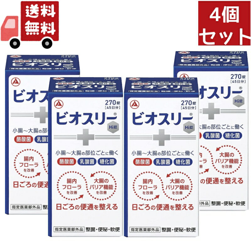 【ビオスリー Hi錠の商品詳細】 ●酪酸菌をはじめとする3種の活性菌が腸内フローラを改善して腸を整える。 ●3種の活性菌が共生作用を発揮します。 ●3種の活性菌が小腸から大腸まで生きたまま届きます。 【効能 効果】 整腸(便通を整える)、便秘、軟便、腹部膨満感 【用法 用量】 次の量を食後に服用してください。 年齢／1回量／1日服用回数 成人(15歳以上)／2錠／3回 5歳以上15歳未満／1錠／3回 ※5歳未満は服用しないこと 【成分】 成人1日量(6錠中) 糖化菌150mg、ラクトミン(乳酸菌)30mg、酪酸菌150mg 添加物：ポリビニルアルコール(完全けん化物)、ポビドン、バレイショデンプン、乳糖水和物、ステアリン酸Mg 指定医薬部外品 【注意事項】 1.次の人は服用前に医師又は薬剤師にご相談ください。 ・医師の治療を受けている人 2.服用に際しては、添付文書をよく読んでください。 3.直射日光のあたらない湿気の少ない涼しい所に密栓して保管してください。 4.開封後はすみやかに服用してください。 【発売元、製造元、輸入元又は販売元】 アリナミン製薬（旧武田コンシューマーヘルスケア） 541-0045 大阪市中央区道修四丁目1番1号 0120-56-7087 リニューアルに伴い、パッケージ・内容等予告なく変更する場合がございます。予めご了承ください。