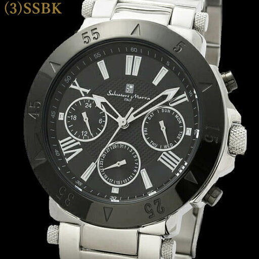メンズ腕時計 サルバトーレマーラ マルチファンクション シルバー/ブラック SalvatoreMarra SM22108 ベルト調整金具付 サルバトーレマーラ腕時計 時計 男性 彼氏 夫 誕生日 プレゼント