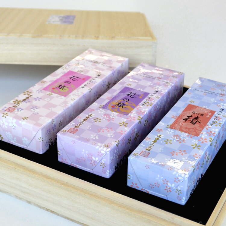 【33-3】奥野晴明堂「新・花くらべ 3種アソート」桜・椿赤・紅梅 3本入り 桐箱微煙 お線香 進物線香 新盆見舞 喪中見舞 御供 御霊前 お盆 お彼岸 ギフト...