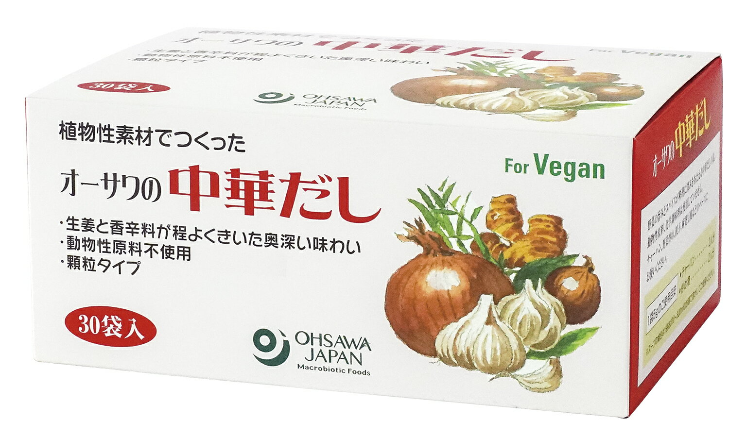 商品情報 ■国産野菜を使用 ■顆粒タイプ ■砂糖・動物性原料不使用　 ■中華スープ、野菜炒め、チャーハンなどさまざまな料理に ■1包で2〜3人分 原材料食塩(天塩)、甘藷でん粉[さつまいも(国産)]、メープルシュガー、醤油、玉ねぎ(国産)、酵母エキス、野菜エキス[にんじん・玉ねぎ・白菜・セロリ・舞茸(国産)]、生姜パウダー[生姜(国産)]、こしょう(マレーシア、インドネシア)、にんにくパウダー[にんにく(アメリカ)] 内容量150g(5g×30包) 賞味期限常温で1年 商品サイズさ 63 (mm) ×幅 143 (mm) ×奥行き 95 (mm) メーカー名オーサワジャパン(株)☆注意：送料無料について→一部地域【北海道、沖縄、離島】の方は、加算送料がかかります。ご了承下さい。