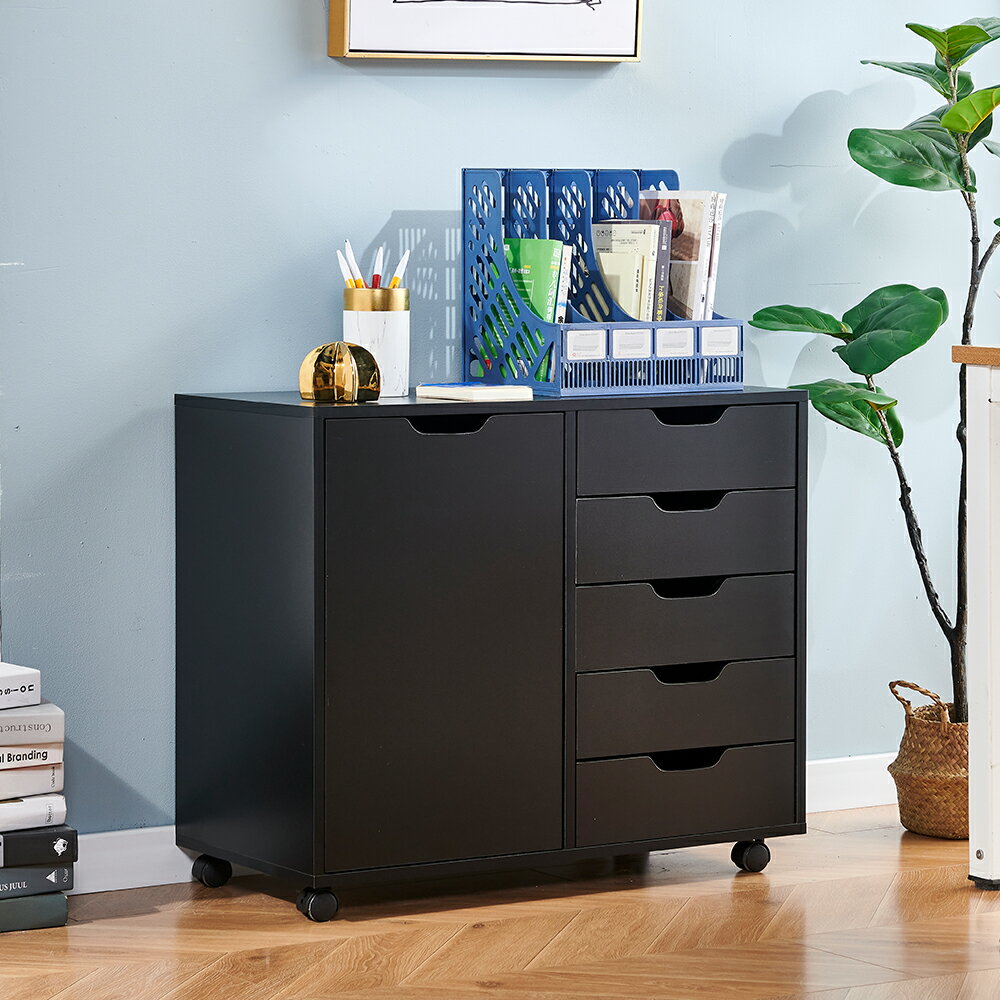 送料無料 サイドワゴン 5杯引き出し オフィスワゴン 扉付き デスクワゴン 幅78.5cm ファイルワゴン A4対応 キャビネット キャスター付き 木製 袖机 大容量