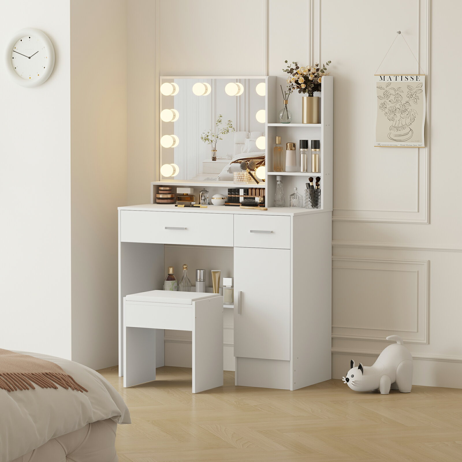 ドレッサー 女優ライト付き ドレッサーテーブル 鏡付き 椅子付き 化粧台引き出し 扉付き収納 デスク上棚付き LEDライト調光 メイク台 コスメ収納 天然木脚 組立簡単　ホワイト 取っ手選べる