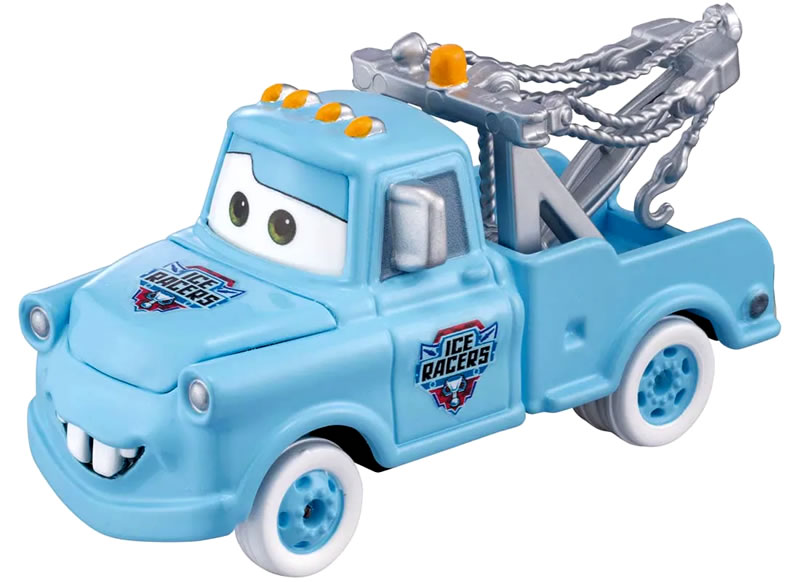 対象年齢 3歳以上　 【材質】 本体：亜鉛合金 タイヤ：PVS シート：PP シャーシ/ホイール：ABS 窓ガラス：PS 他寒冷地でのレースをテーマにした、アイスレーシングタイプのメーターが、カーズ トミカに登場！ アイスレーサーズの氷上のイメージを車体いっぱいに表現した、ライトブルーのメーターです。 氷上を走る疾走感を白いタイヤで演出。共通のアイスレーサーズのマークもついています。
