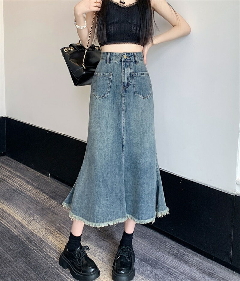 デニム スカート ロング レディース ロングスカート デニムスカート マーメイドスカート きれいめ 無地 薄手 伸縮性 ストレッチ ハイウエスト ポケット