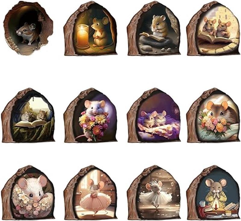 ウォールステッカー 動物 可愛い 3D感マウスホールウォールステッカー 12 個の楽しいアート壁装飾ステ..