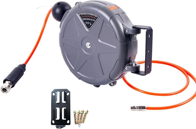 ホースリール 収納ホースの長さ10m エアーホース 自動巻取式 壁掛け 天吊り式 自動巻き上げ ブラケット..