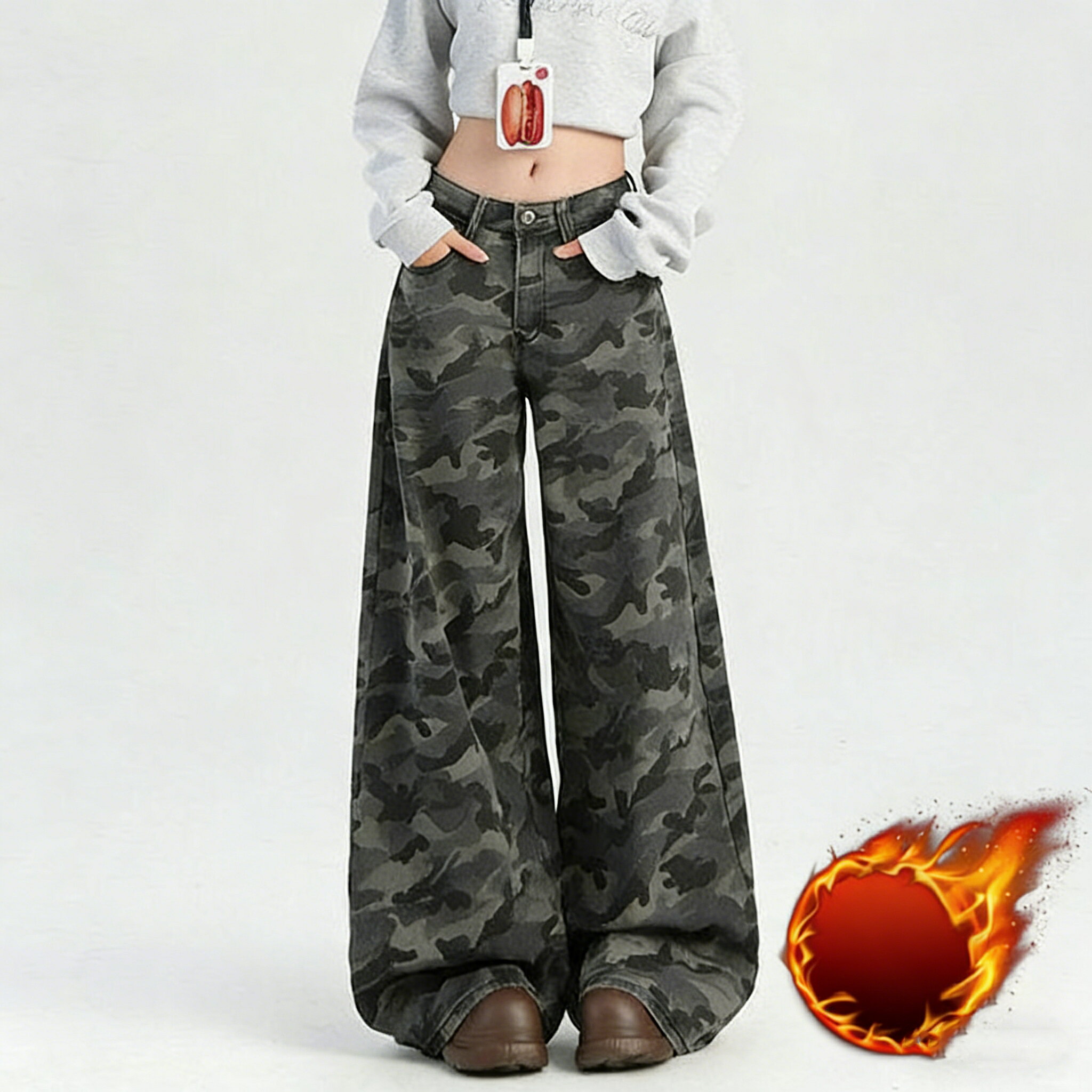 樂天商城 - ゆるフィット ジーンズ レディース ワイド 裏起毛 暖かい ストレート デニムパンツ ジーンズ ジーパン ゆったり 大きいサイズ デニム ワイドパンツ ロング ボトム 体型カバー ボトムス ズボン ハイウエスト デニムワイドパンツ 美脚 防寒パンツ 迷彩柄 レトロ カーゴパンツ