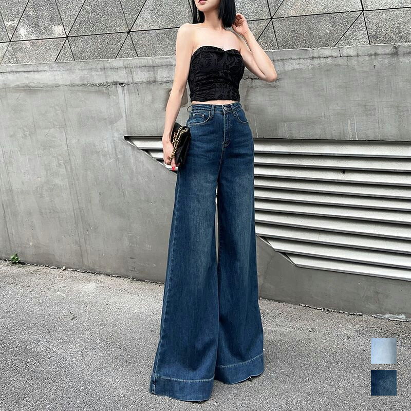 樂天商城 - デニムパンツ ジーパン レディース ジーンズ ワイドパンツ ゆったり ワイド フレア ハイウエスト パンツ フレアパンツ ワイドレッグジーンズ ルーズ ボトムス 春夏秋 ボトム 体型カバー カジュアル 春 夏 秋 疲れないデニム 着痩せ 美脚 ロング丈 きれいめパンツ