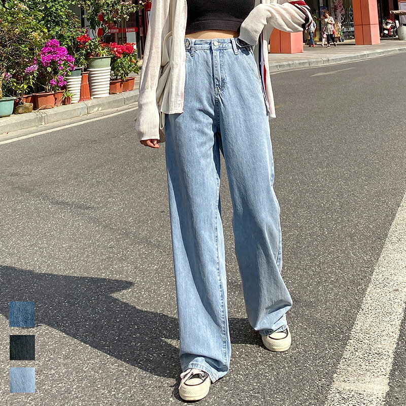樂天商城 - デニムパンツ ジーパン レディース ジーンズ ウエストボタン調節 ストレート ハイウエスト パンツ ストレートパンツ ストレートレッグジーンズ セミワイドパンツ ボトムス 春夏秋 ボトム 体型カバー カジュアル 春 夏 秋 疲れないデニム 着痩せ 美脚 ロング丈 きれいめパンツ