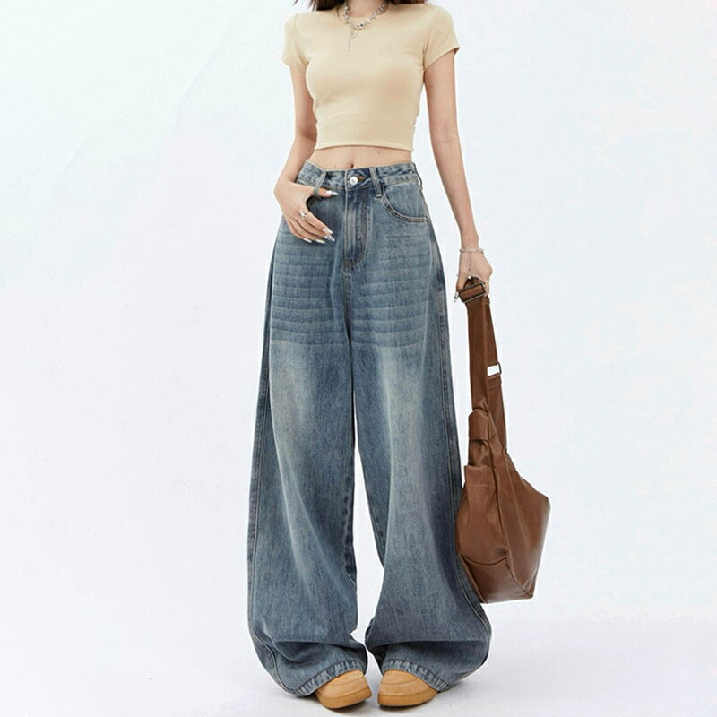 Cropped Pants - デニムパンツ ジーパン レディース ジーンズ ワイドパンツ ゆったり ワイド ストレート ハイウエスト パンツ ストレートパンツ ワイドレッグジーンズ ルーズ ボトムス ボトム 体型カバー カジュアル 春 夏 秋 疲れないデニム 着痩せ 美脚 ロング丈 きれいめパンツ