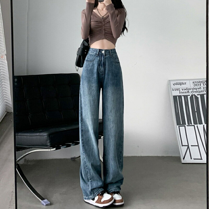 ハイウエスト セミワイドデニムパンツ 脚長見せ ロングパンツ ゆったり 着やせ ボトムス 韓国風 オルチャン定番デニム ストレートデニ..