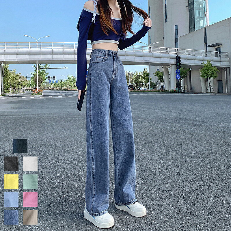 樂天商城 - ジーンズ レディース 春 ハイウエスト セミワイドデニムパンツ 脚長見せ ロングパンツ ゆったり 着やせ ボトムス 韓国風 定番デニム ストレートデニムパンツ 美脚 大人可愛い シンプル カジュアル おしゃれ お洒落 ストレート カジュアル おしゃれ ジーパン ブルー 春夏秋