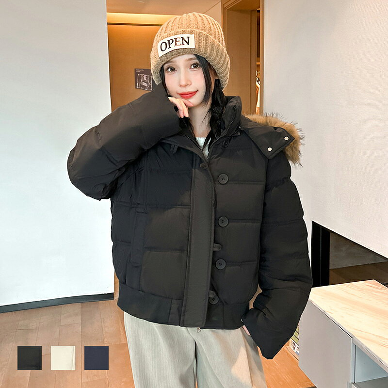 樂天商城 - 中綿 ジャケット フード付き レディース ショート丈 無地 軽量 ジャケット 防寒 ゆったり 体型カバー アウター ポケット付き 秋 冬 防寒 お洒落 シンプル カワイイ / 大人カワイイ 冬物 アウトドア 防風 / 防寒 ダウンジャケット 取り外すファー 取り外すフード