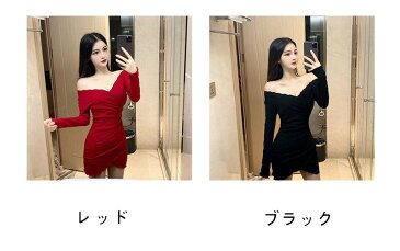 【CityGirl】ショート Vネック 肩出し セクシー 長袖 タイトワンピース 着痩せ フェミニン スタイリッシュ トレンド きれいめ 体型カバー入学式 お呼ばれ 人気 二次会 披露宴 フォーマル レトロ