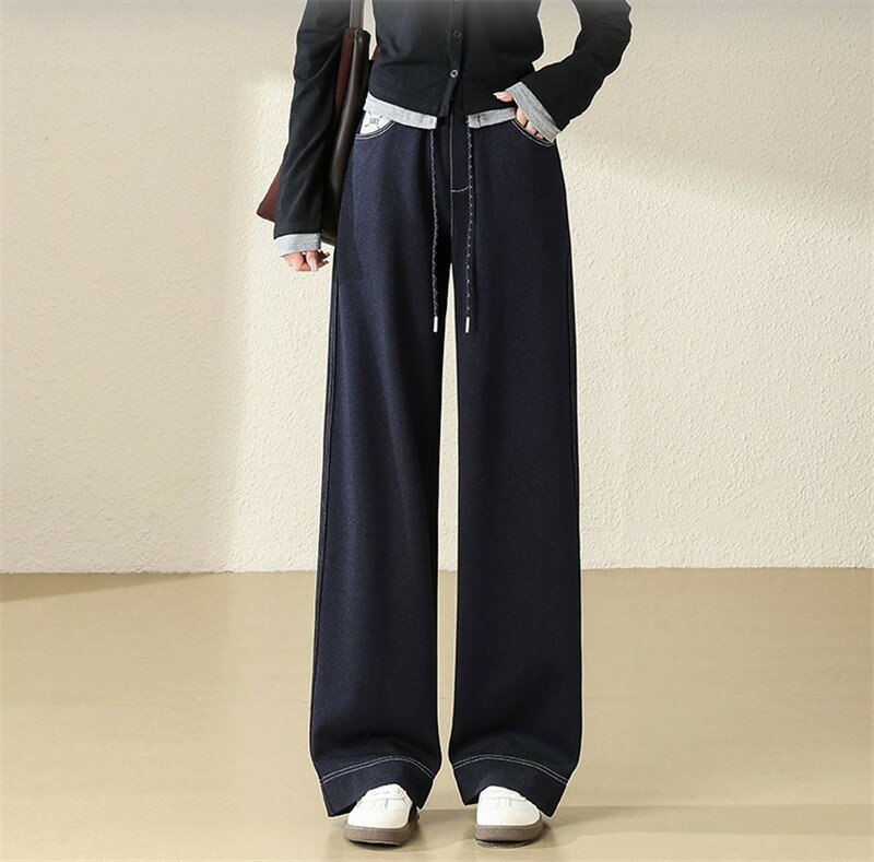 デニムパンツ ジーパン 暖パン レディース 裏起毛 ウエストゴム 調節紐付き ジーンズ ワイドパンツ ゆったり ワイド ハイウエスト パンツ 裏ボア フリース ストレートパンツ 暖かい ストレートレッグジーンズ ルーズ 裏フリース 防寒 保温 あったか ジーパン ボトムス 秋 冬