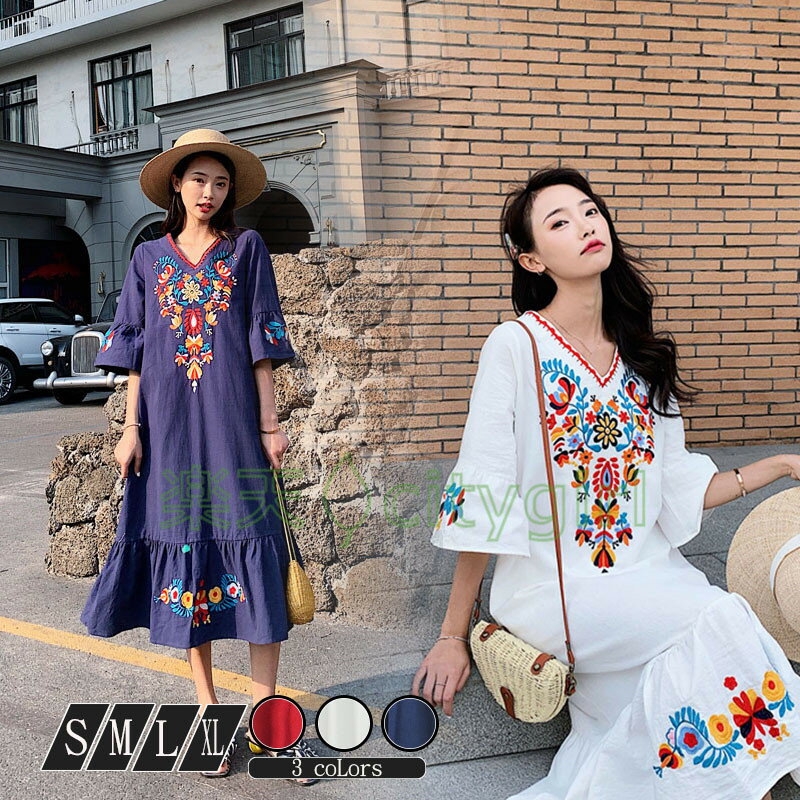 【CityGirl】ワンピース レディース リゾートワンピ ボヘミア風 Vネック 花柄 5分袖 フレア袖 刺繍 綿麻 ミディアム丈 大きいサイズ 体型カバー ゆったり 着痩せ ファッション おしゃれ きれい目 2020新品 夏物 10代20代30代 可愛い 優雅