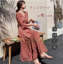 【CityGirl】選べるS～XLサイズ展開！マキシ丈ワンピース 七分袖 花柄　ボヘミアン ロングワンピース シフォン　シフォンワンピース 春..