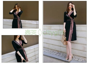 【CityGirl】ワンピース 大人 上品 レディース ミディアム 長袖 七分袖 ラップワンピース カシュクール Vネック 春 夏 秋 冬 aライン 結婚式 オフィス エレガント お呼ばれ お嬢様 袖あり 発表会 清楚 膝丈 ママ ミセス 30代 40代 50代 黒